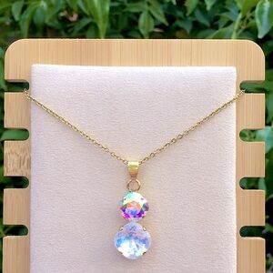Aurora Borealis + White Opal Cushion Cut Gold Crystal Pendant Drop Necklace